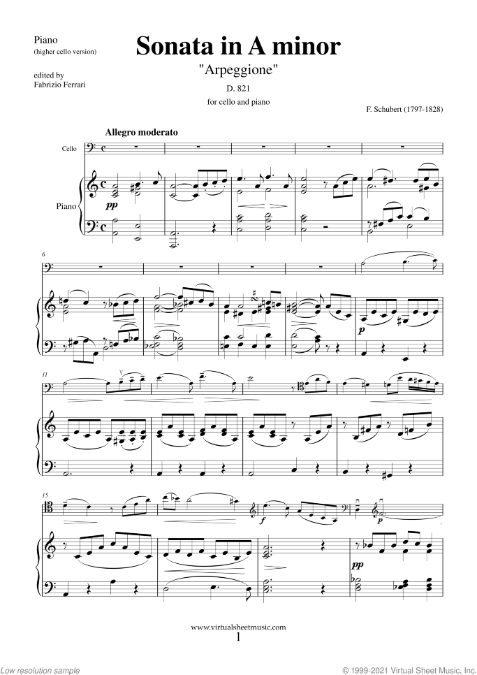 Sonata in A minor "Arpeggione" sheet music for cello and piano by Franz Schubert, classical score, advanced skill level