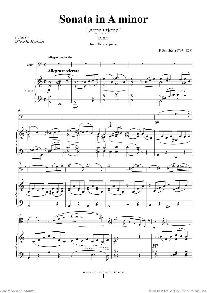 Sonata in A minor "Arpeggione" URTEXT sheet music for cello and piano by Franz Schubert, classical score, advanced skill level