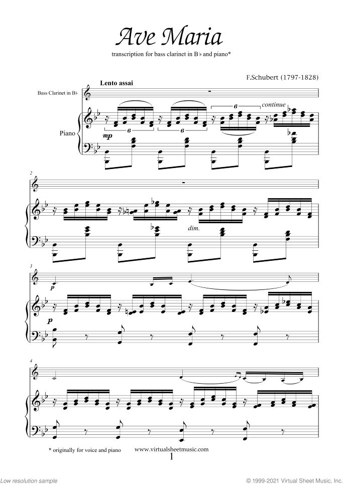 Ave Maria sheet music for bass clarinet and piano by Franz Schubert, classical wedding score, intermediate skill level