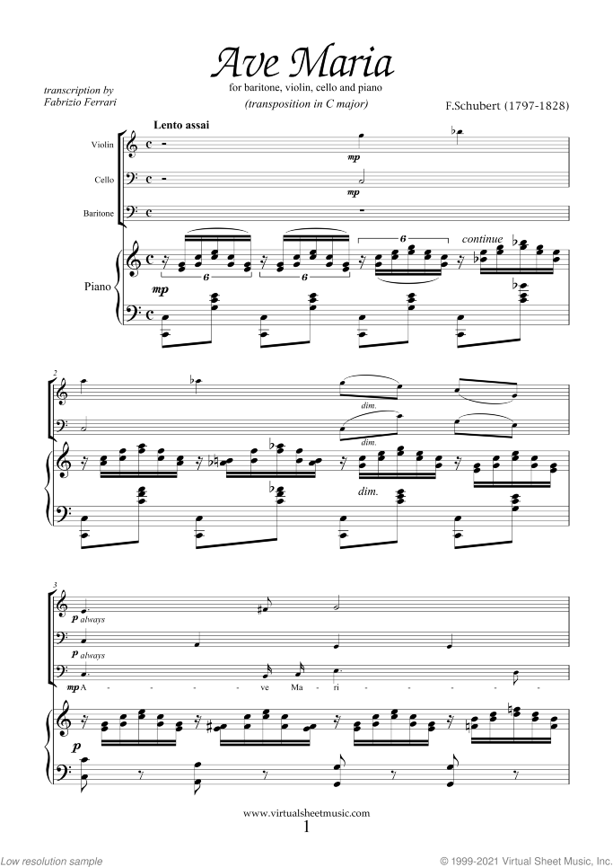 Ave Maria sheet music for baritone and piano trio by Franz Schubert, classical wedding score, intermediate skill level