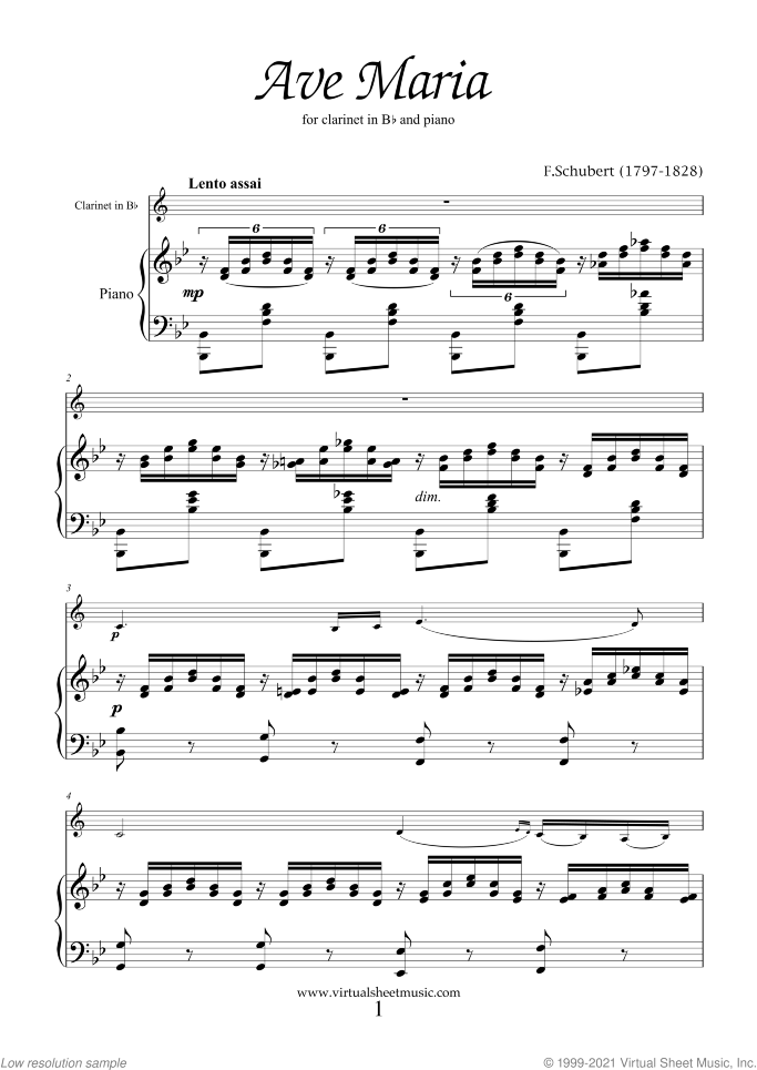 Ave Maria sheet music for clarinet and piano by Franz Schubert, classical wedding score, easy/intermediate skill level