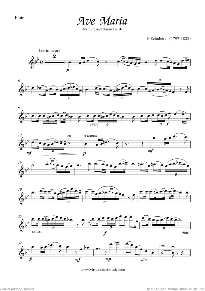 Ave Maria sheet music for flute and clarinet by Franz Schubert, classical wedding score, intermediate duet