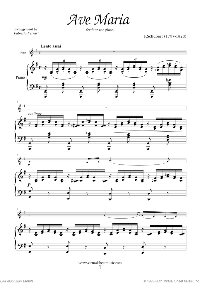 Ave Maria sheet music for flute and piano by Franz Schubert, classical wedding score, easy/intermediate skill level