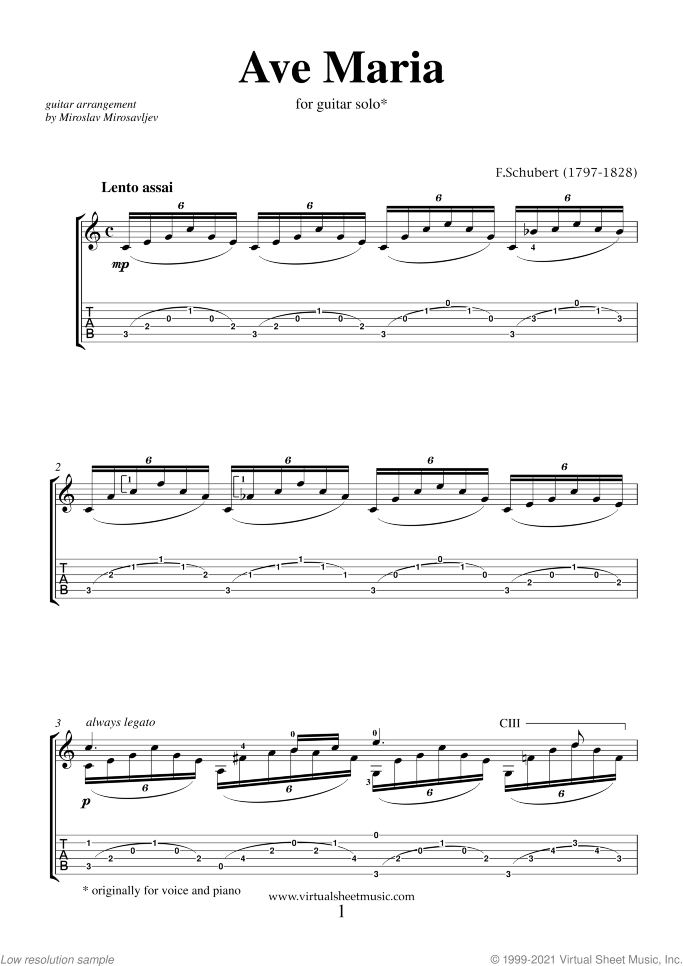 Ave Maria sheet music for guitar solo by Franz Schubert, classical wedding score, easy/intermediate skill level