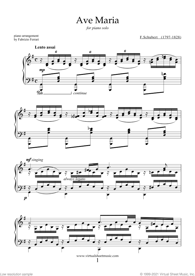 Ave Maria sheet music for piano solo by Franz Schubert, classical wedding score, intermediate/advanced skill level