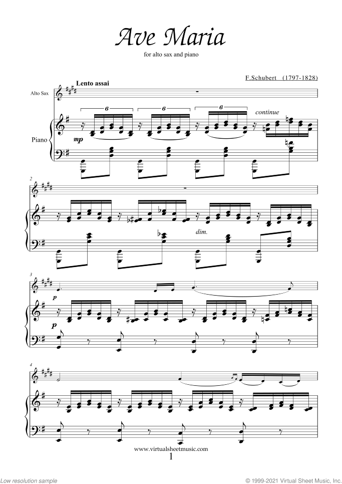 Ave Maria sheet music for alto saxophone and piano by Franz Schubert, classical wedding score, intermediate skill level
