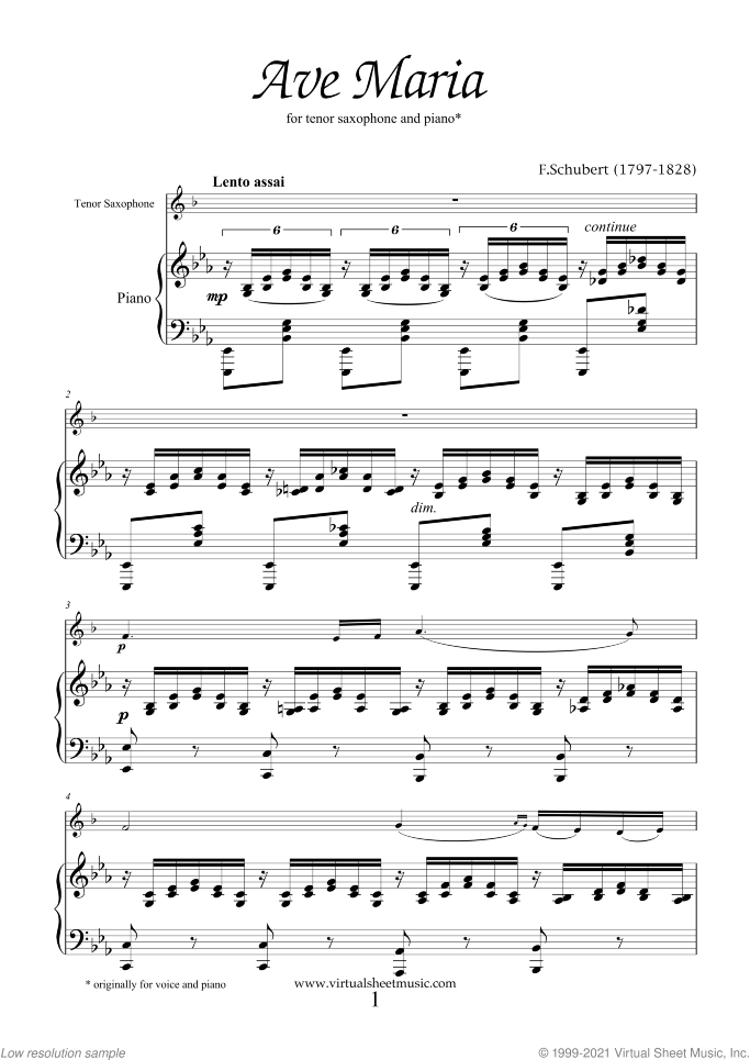 Ave Maria sheet music for tenor saxophone and piano by Franz Schubert, classical wedding score, intermediate skill level