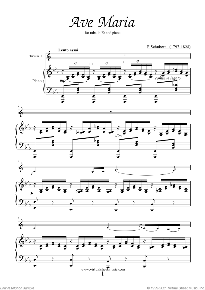 Ave Maria sheet music for tuba in Eb and piano by Franz Schubert, classical wedding score, intermediate skill level