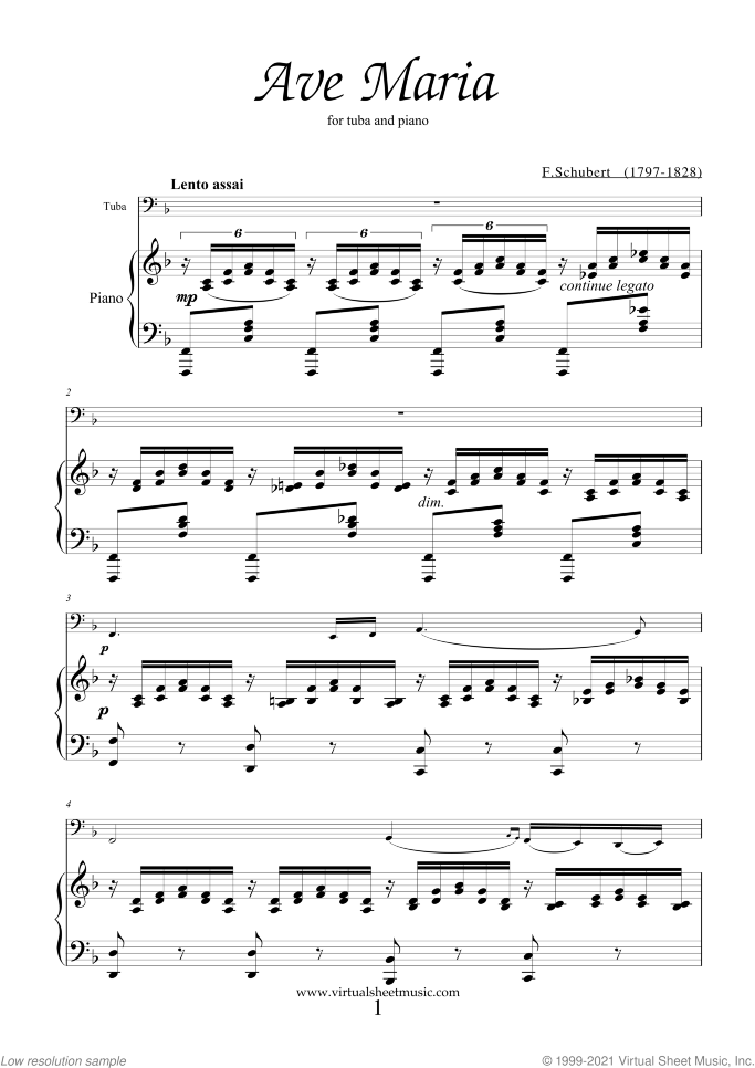 Ave Maria sheet music for tuba and piano by Franz Schubert, classical wedding score, intermediate skill level