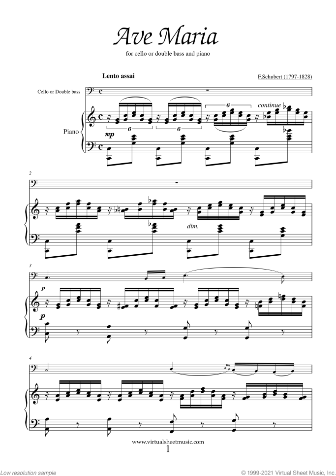 Ave Maria sheet music for cello or double-bass and piano by Franz Schubert, classical wedding score, intermediate skill level