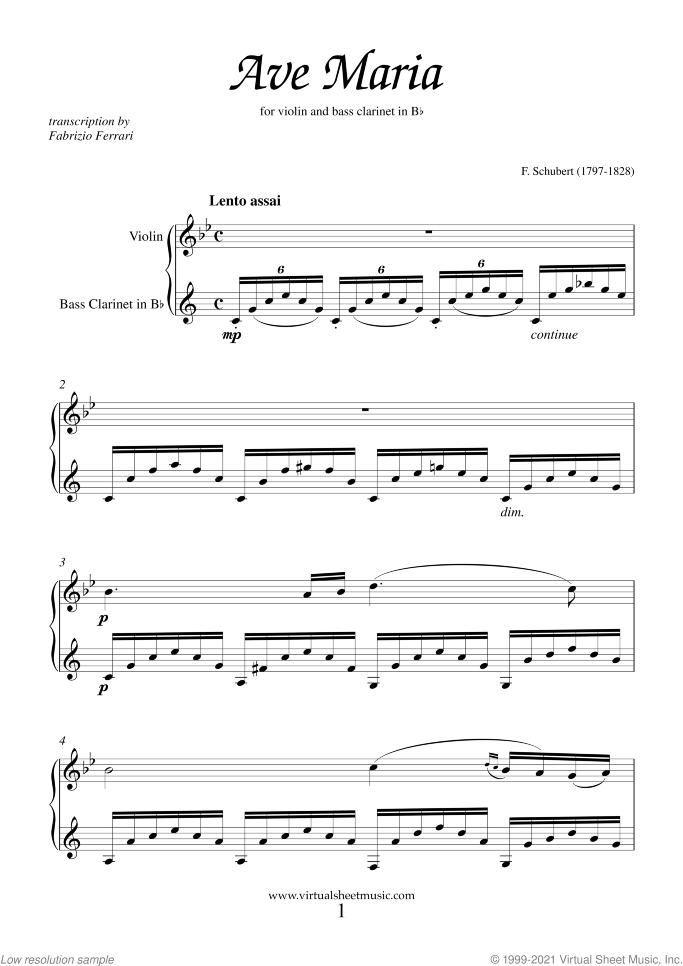 Ave Maria sheet music for violin and bass clarinet by Franz Schubert, classical wedding score, intermediate duet