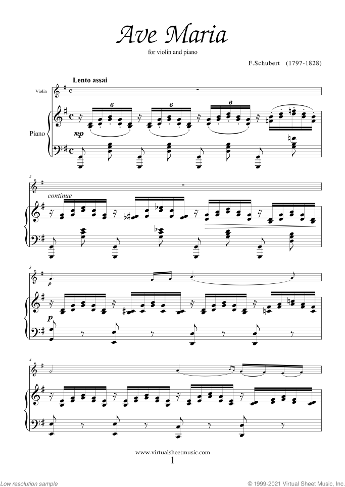 Ave Maria sheet music for violin and piano by Franz Schubert, classical wedding score, easy/intermediate skill level