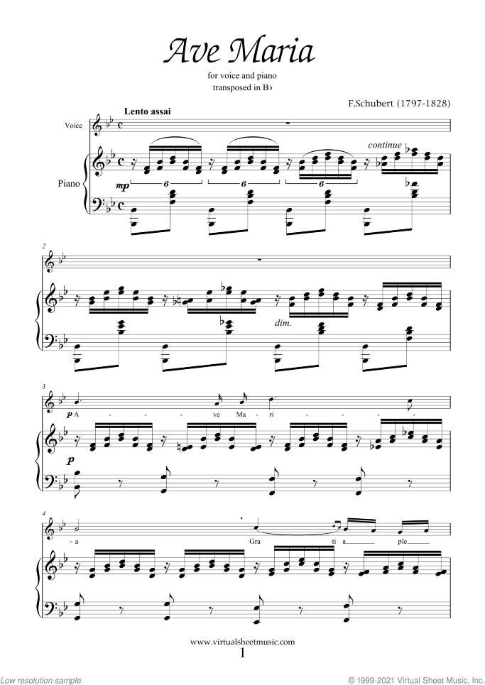 Ave Maria (in Bb for soprano) sheet music for voice and piano by Franz Schubert, classical wedding score, intermediate skill level
