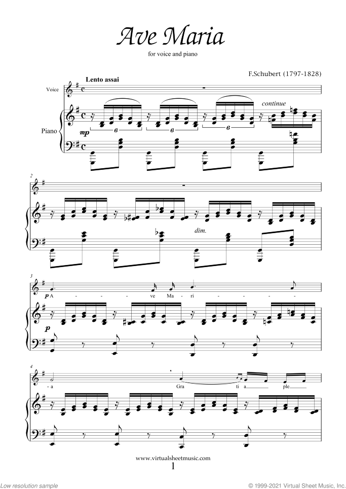 Ave Maria (in G for mezzo-soprano) sheet music for voice and piano by Franz Schubert, classical wedding score, easy/intermediate skill level