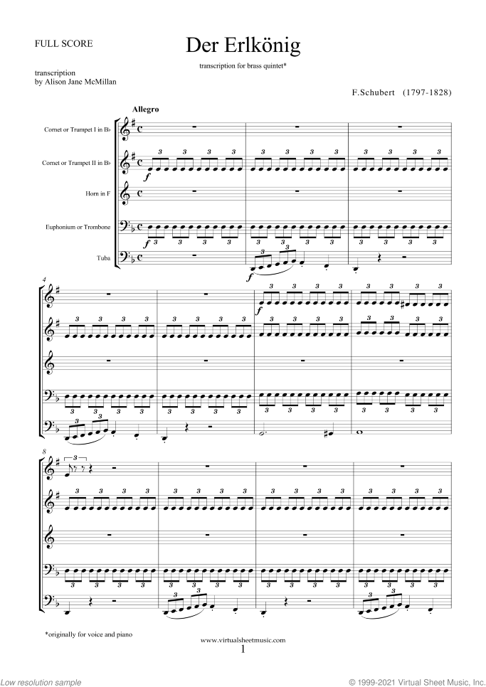 Der Erlkonig (f.score) sheet music for brass quintet by Franz Schubert, classical score, intermediate skill level