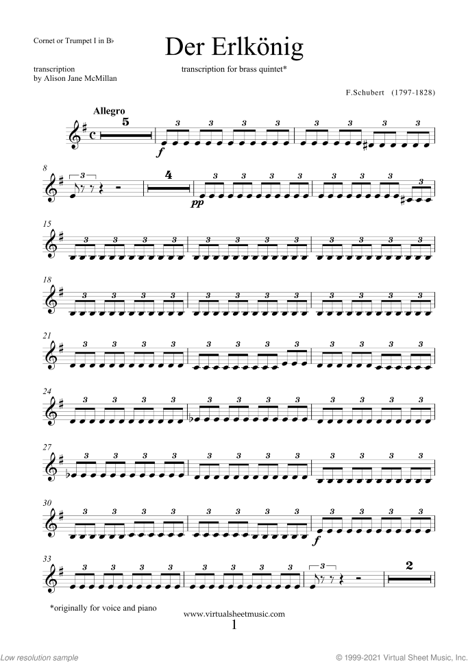 Der Erlkonig (parts) sheet music for brass quintet by Franz Schubert, classical score, intermediate skill level