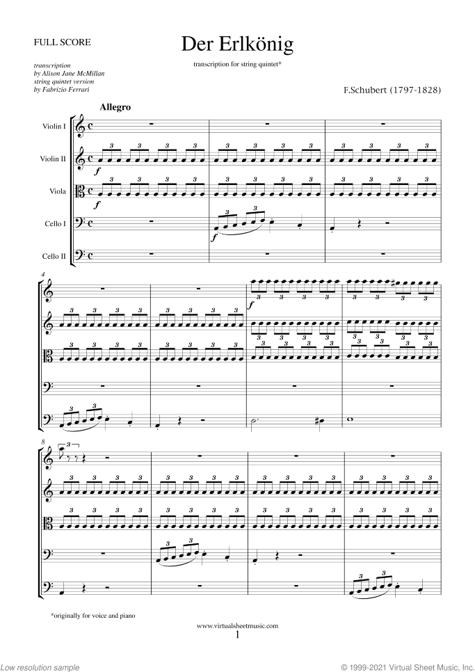 Der Erlkonig (COMPLETE) sheet music for string quintet by Franz Schubert, classical score, intermediate skill level