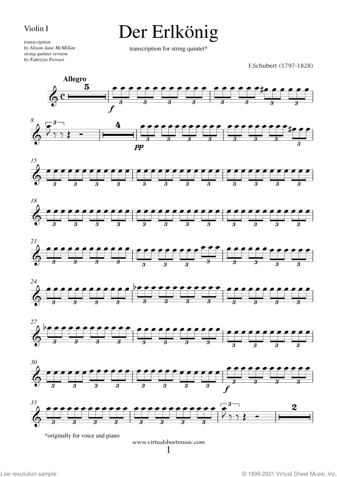 Der Erlkonig (parts) sheet music for string quintet by Franz Schubert, classical score, intermediate skill level