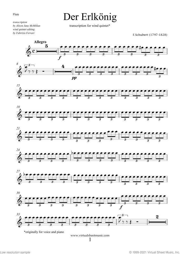 Der Erlkonig (parts) sheet music for wind quintet by Franz Schubert, classical score, intermediate skill level