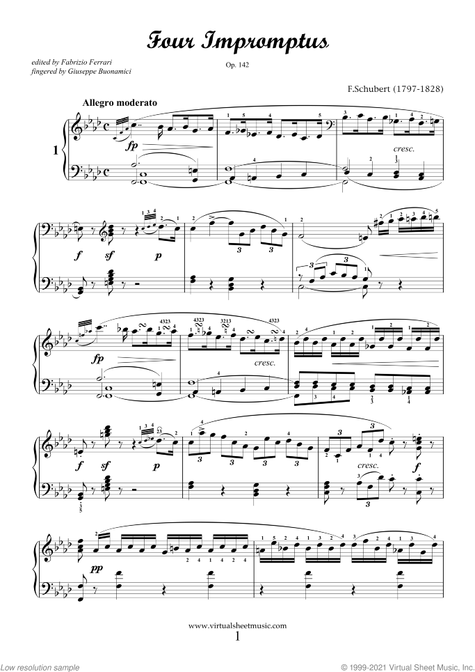 Four Impromptus Op.142 sheet music for piano solo by Franz Schubert, classical score, advanced skill level