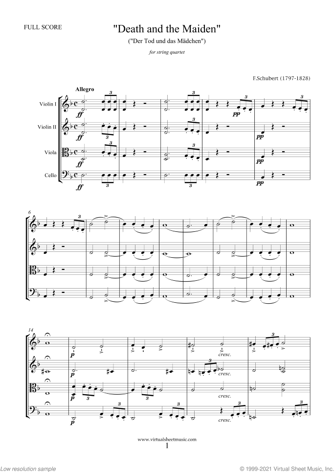 Death and the Maiden (COMPLETE) sheet music for string quartet by Franz Schubert, classical score, advanced skill level