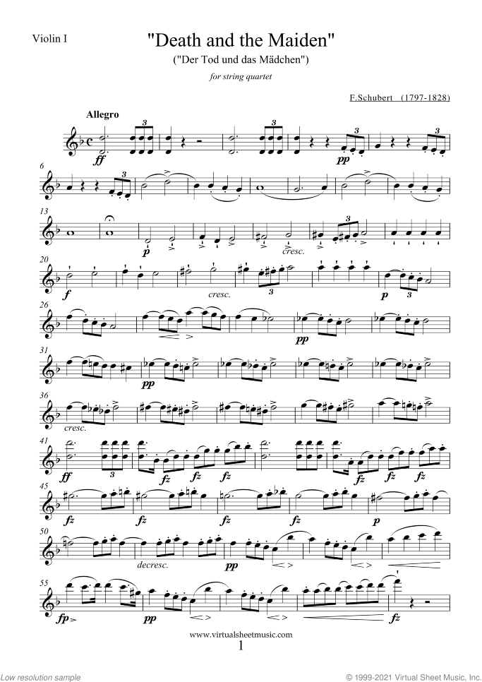 Death and the Maiden (parts) sheet music for string quartet by Franz Schubert, classical score, advanced skill level