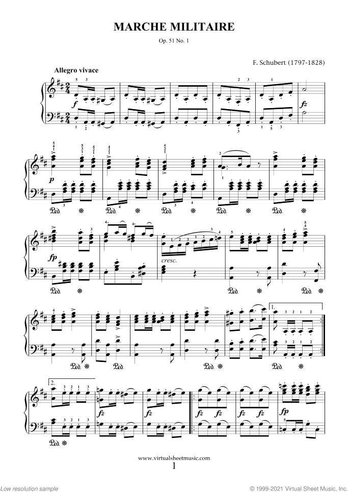 Marche Militaire Op.51 No.1 sheet music for piano solo by Franz Schubert, classical score, intermediate/advanced skill level