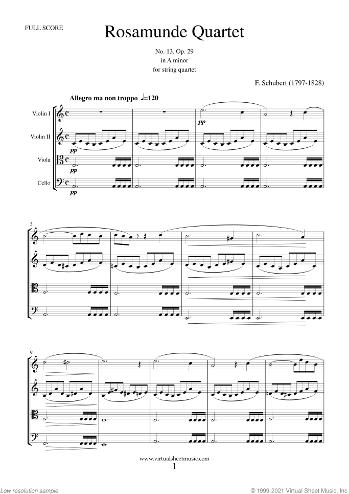 Rosamunde Quartet sheet music for string quartet by Franz Schubert, classical score, advanced skill level
