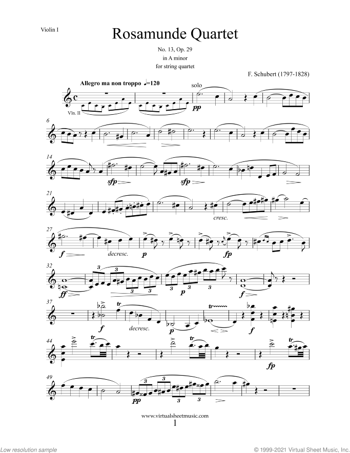 Rosamunde Quartet Op. 29 No. 13  (parts) sheet music for string quartet by Franz Schubert, classical score, advanced skill level