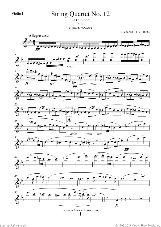 Quartet No. 12 in C minor (parts) sheet music for string quartet by Franz Schubert, classical score, advanced skill level