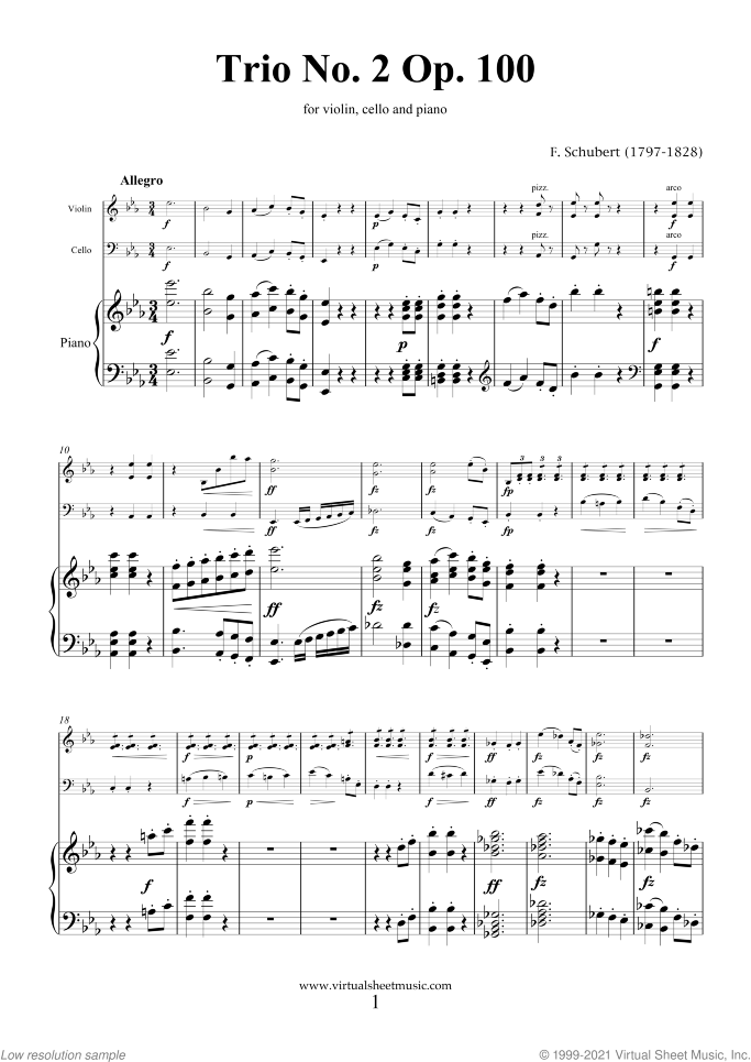 Trio No.2 Op.100 sheet music for violin, cello and piano by Franz Schubert, classical score, advanced skill level