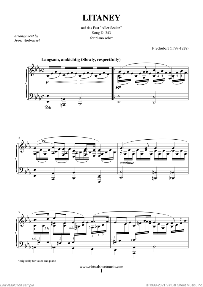 Litaney D. 343 sheet music for piano solo by Franz Schubert, classical wedding score, intermediate/advanced skill level