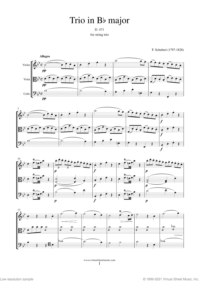 String Trios D. 471 and D. 581 (COMPLETE) sheet music for string trio by Franz Schubert, classical score, intermediate/advanced skill level