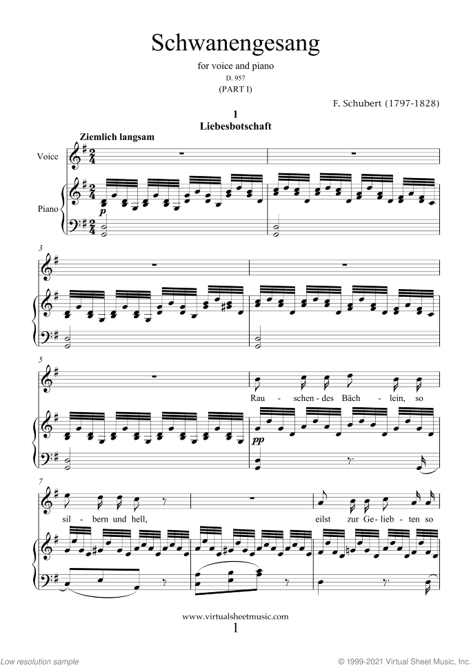 Schwanengesang D.957 (part I) sheet music for voice and piano by Franz Schubert, classical score, intermediate skill level