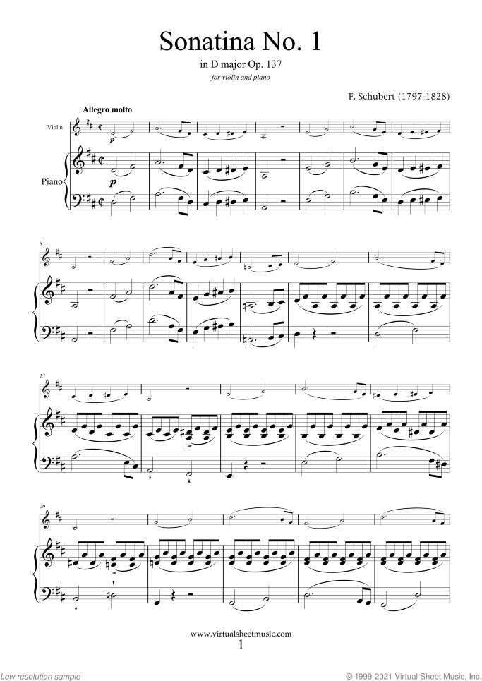 Sonatina No.1 Op.137 sheet music for violin and piano by Franz Schubert, classical score, easy/intermediate skill level