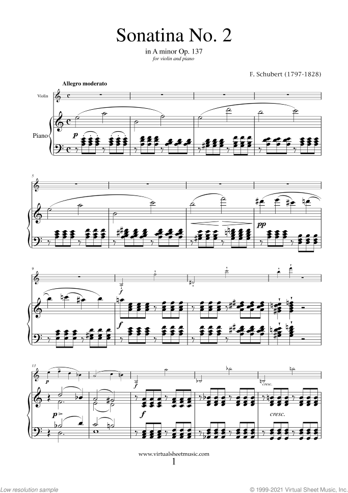 Sonatina No.2 Op.137 sheet music for violin and piano by Franz Schubert, classical score, easy/intermediate skill level