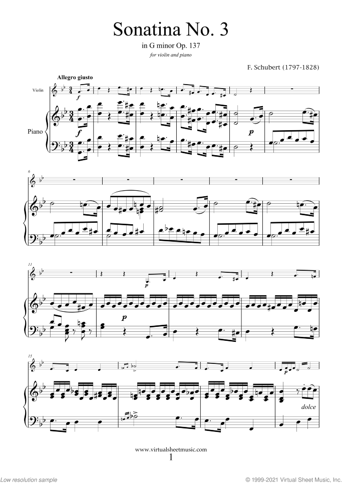 Sonatina No.3 Op.137 sheet music for violin and piano by Franz Schubert, classical score, easy/intermediate skill level