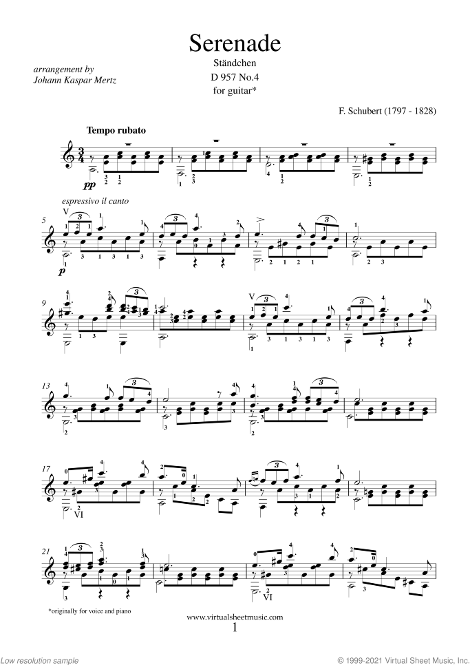 Serenade "Standchen" (version 1) sheet music for guitar solo by Franz Schubert, classical score, intermediate/advanced skill level