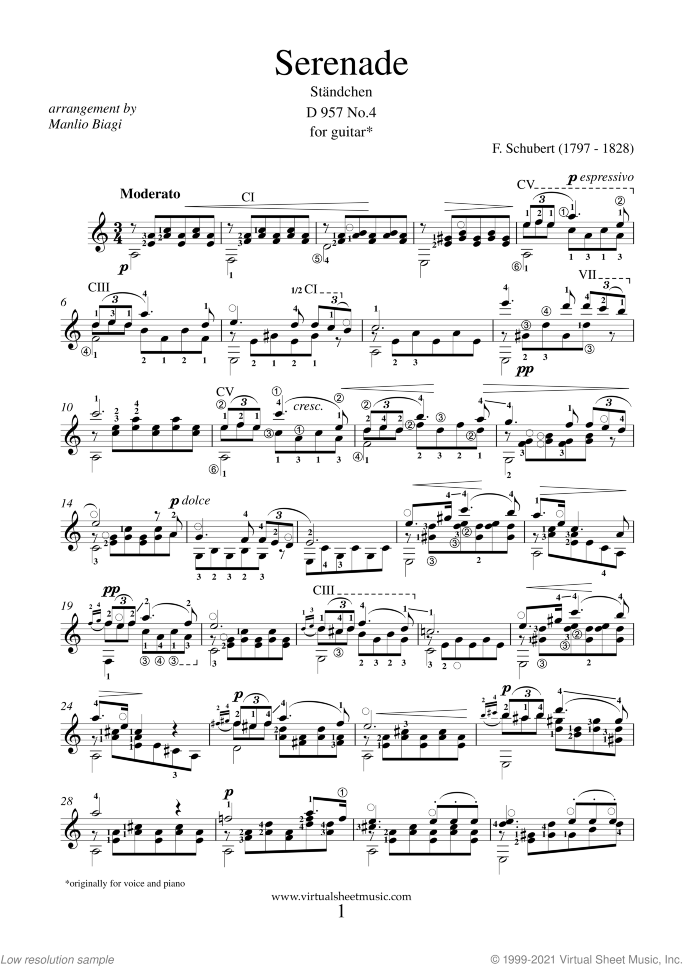 Serenade "Standchen" (version 2) sheet music for guitar solo by Franz Schubert, classical score, advanced skill level