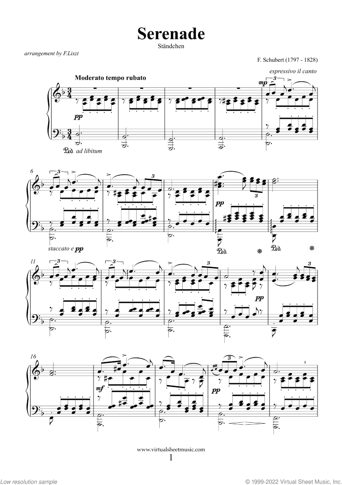 Serenade "Standchen" NEW EDITION sheet music for piano solo by Franz Schubert, classical score, intermediate/advanced skill level