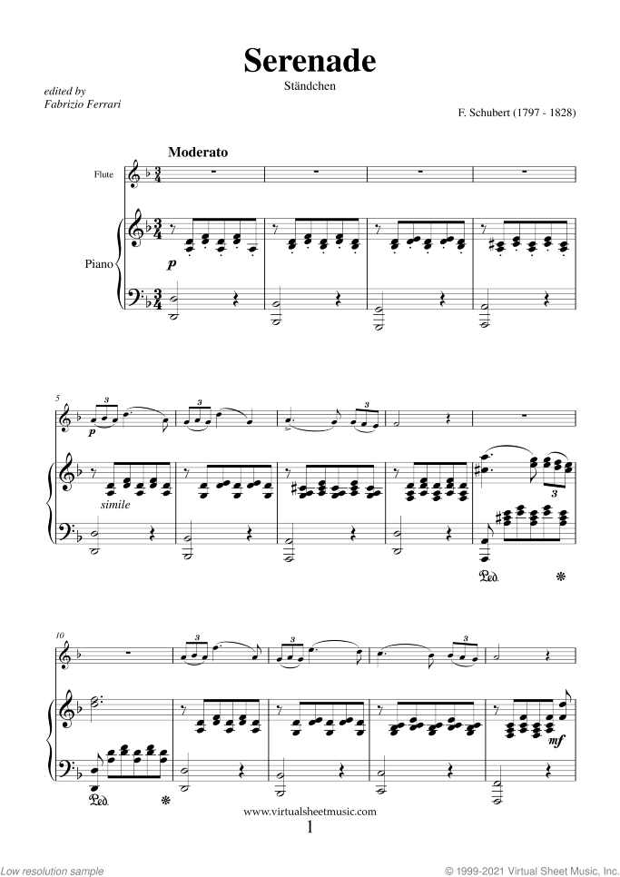 Serenade "Standchen" sheet music for flute and piano by Franz Schubert, classical score, intermediate skill level