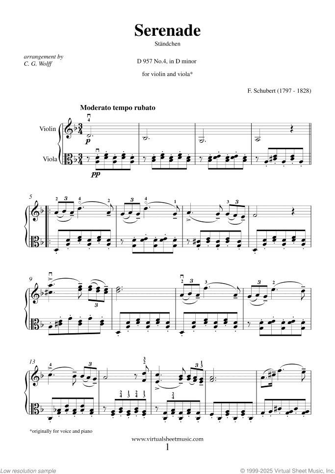 Serenade "Standchen" sheet music for violin and viola by Franz Schubert, classical score, intermediate duet