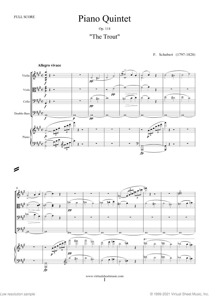 The Trout sheet music for piano quintet by Franz Schubert, classical score, advanced skill level