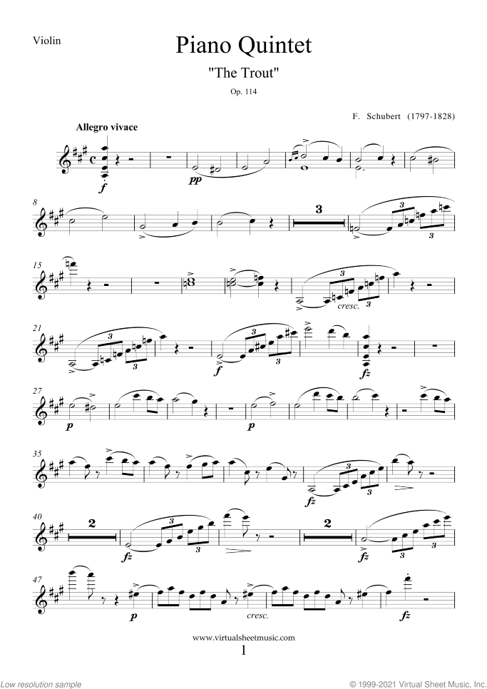 The Trout sheet music for piano quintet by Franz Schubert, classical score, advanced skill level