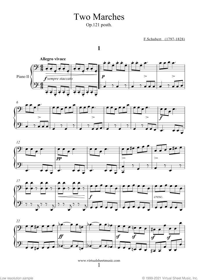 Two Marches Op.121 posth. sheet music for piano four hands by Franz Schubert, classical score, easy/intermediate skill level