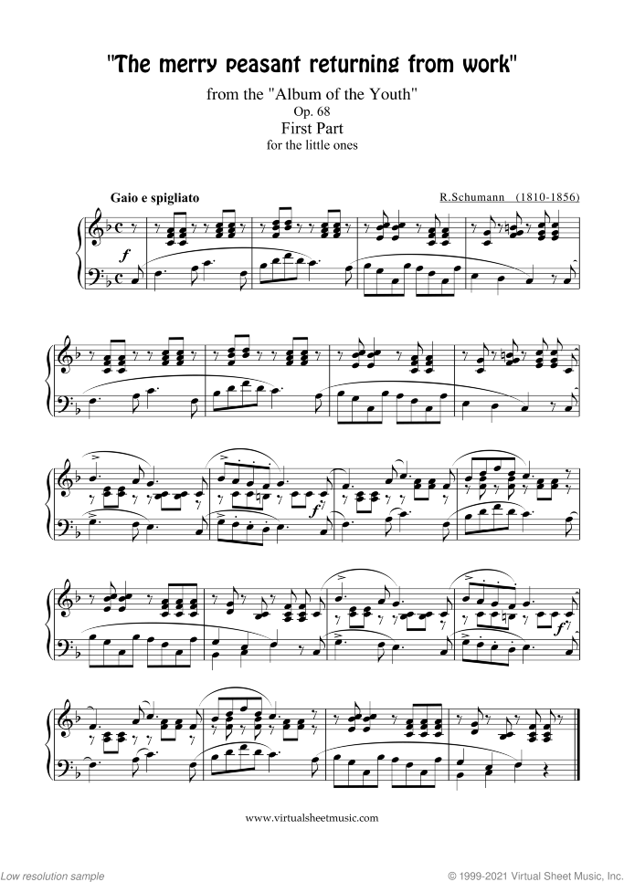 The merry peasant sheet music for piano solo by Robert Schumann, classical score, easy skill level