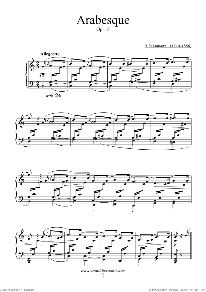 Arabesque sheet music for piano solo by Robert Schumann, classical score, intermediate skill level