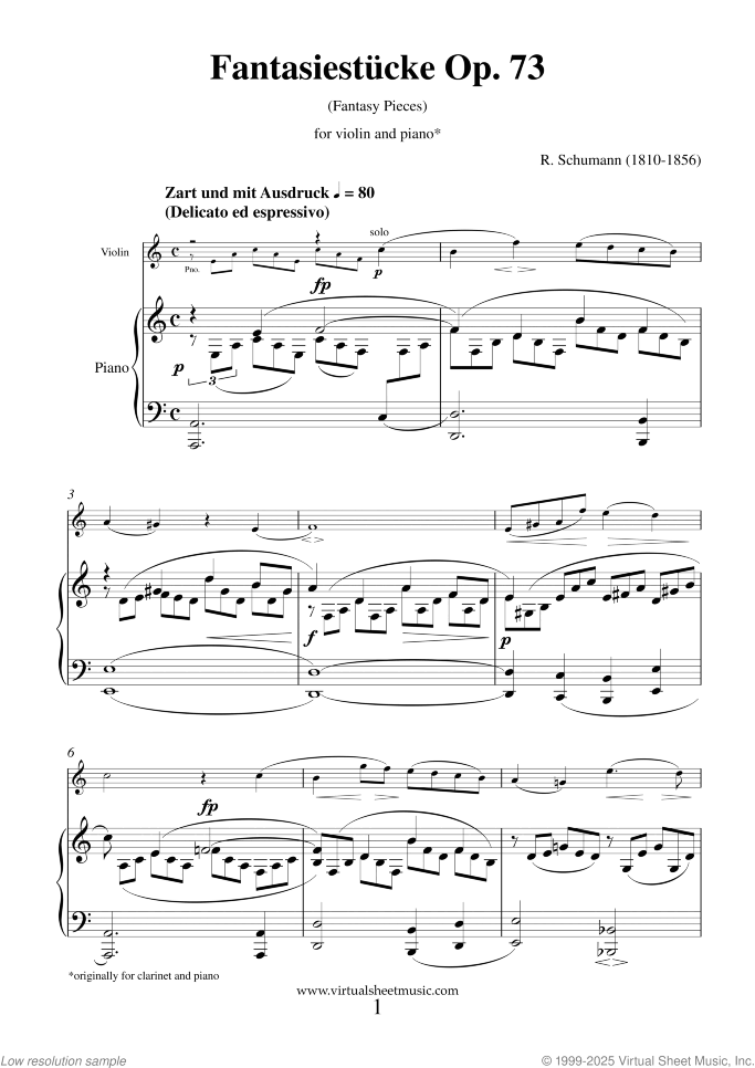 Fantasiestucke (Fantasy Pieces) Op.73 sheet music for violin and piano by Robert Schumann, classical score, intermediate skill level