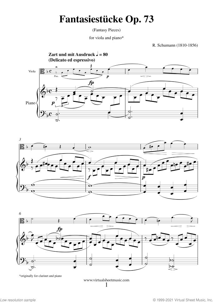 Fantasiestucke (Fantasy Pieces) Op.73 sheet music for viola and piano by Robert Schumann, classical score, intermediate skill level