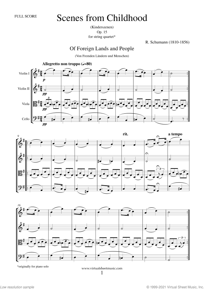 Scenes from Childhood (Kinderszenen) Op.15 (COMPLETE) sheet music for string quartet by Robert Schumann, classical score, easy skill level